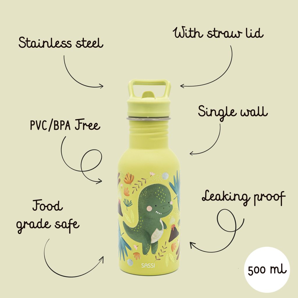 Sassi Junior 義大利設計 500ml 不鏽鋼冷水瓶|Cracky The Dinosaur 500ml 不鏽鋼冷水瓶 恐龍